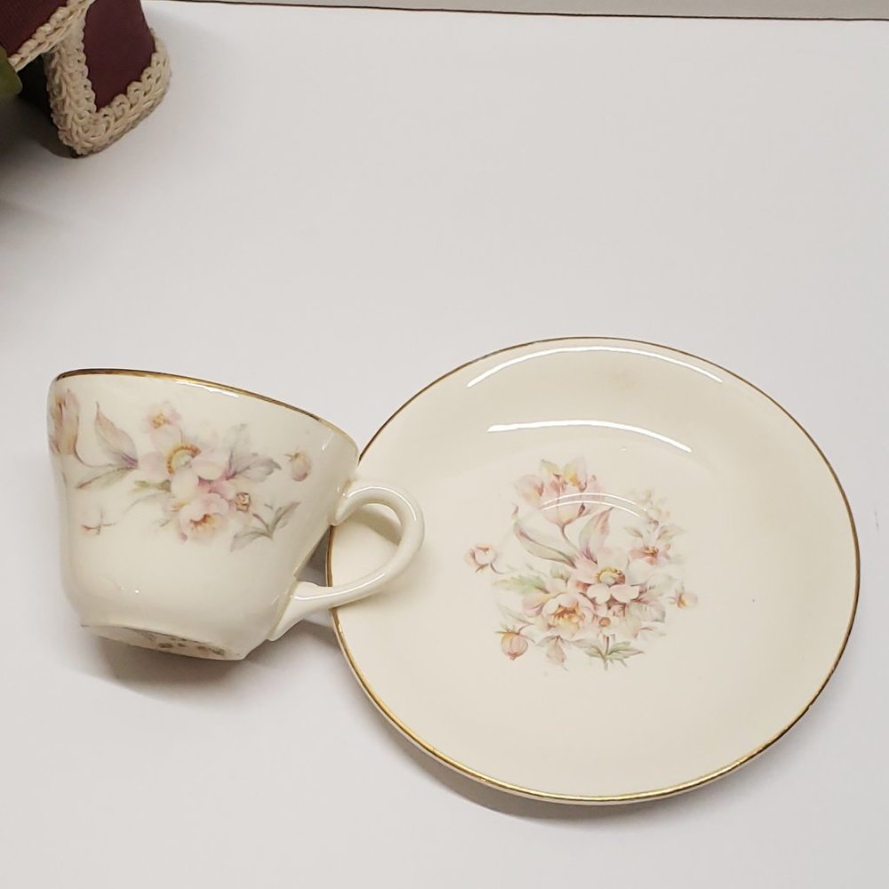 Antique Pink Flower Demitasse Cup & Saucer marked Eastern China 22K Gold